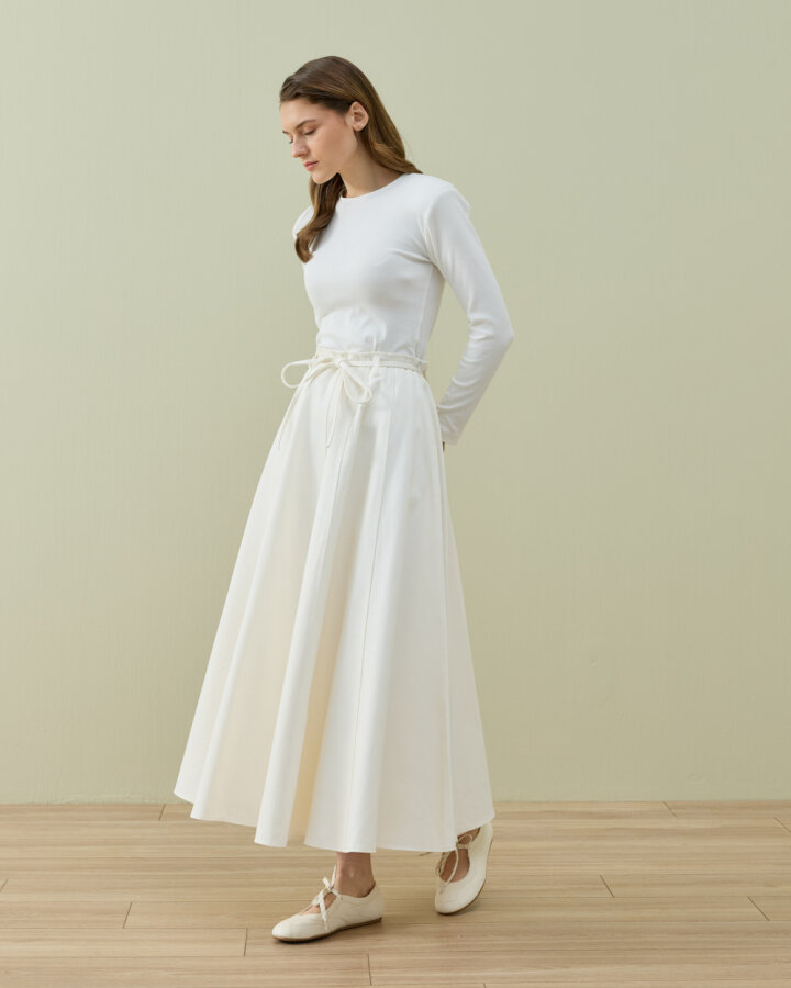 Denim Parçalı Volum Etek Ekru - Aybikestil (1)