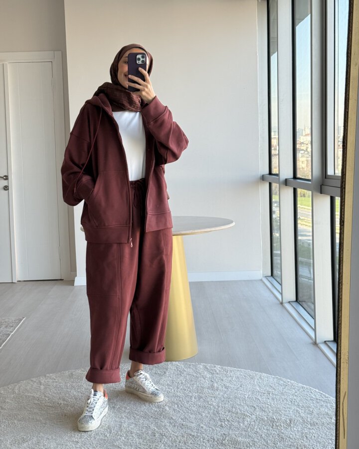 Edition Diagonal Üç İplik Balon Fit Kesikli Eşofman Altı Terra Cotta - Aybikestil (1)