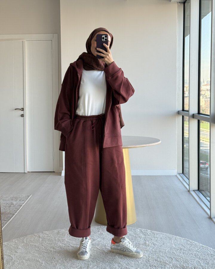 Edition Diagonal Üç İplik Balon Fit Kesikli Eşofman Altı Terra Cotta - Aybikestil (1)