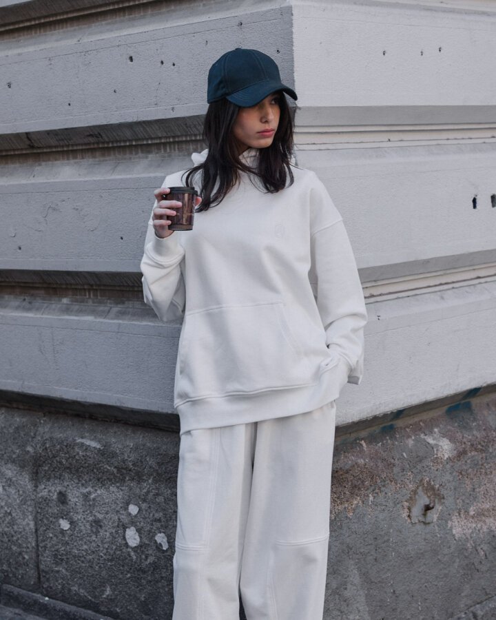 Edition Diagonal Üç İplik Kapüşonlu Hoodie Sweatshirt Ekru - Aybikestil (1)