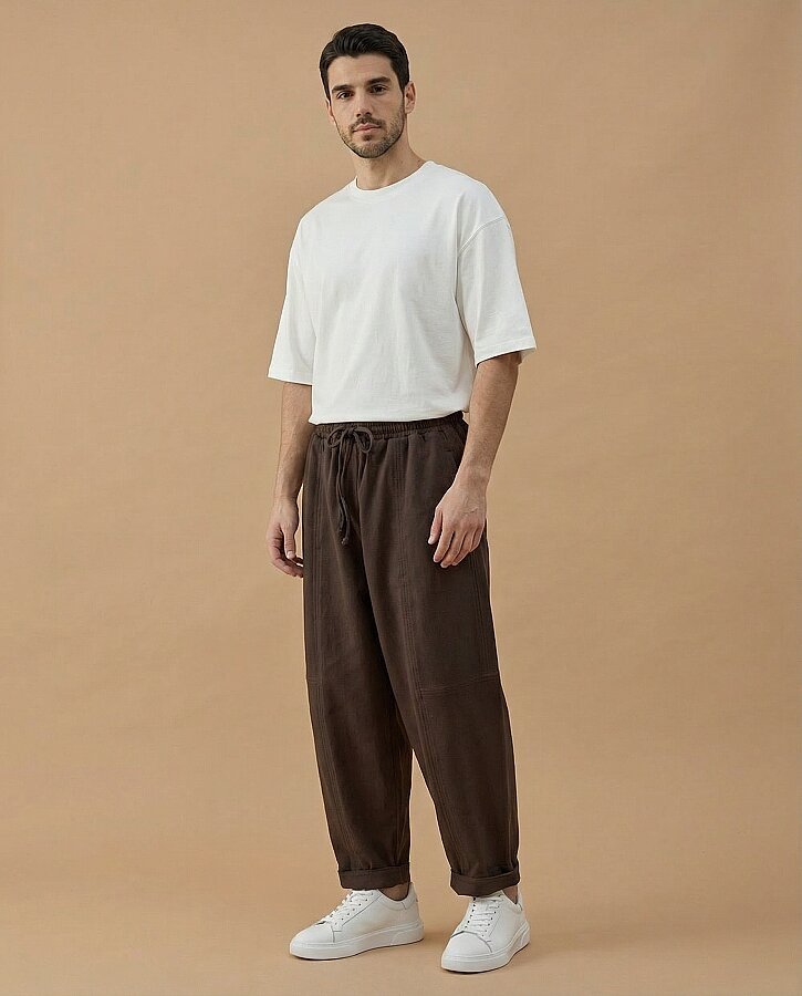 Erkek Cotton İki İplik Bol Balon Fit Kesikli Eşofman Altı Kahve - Aybikestil (1)