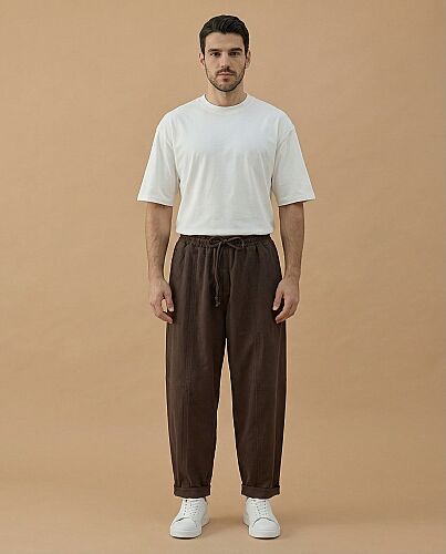 Erkek Cotton İki İplik Bol Balon Fit Kesikli Eşofman Altı Kahve - Aybikestil (1)