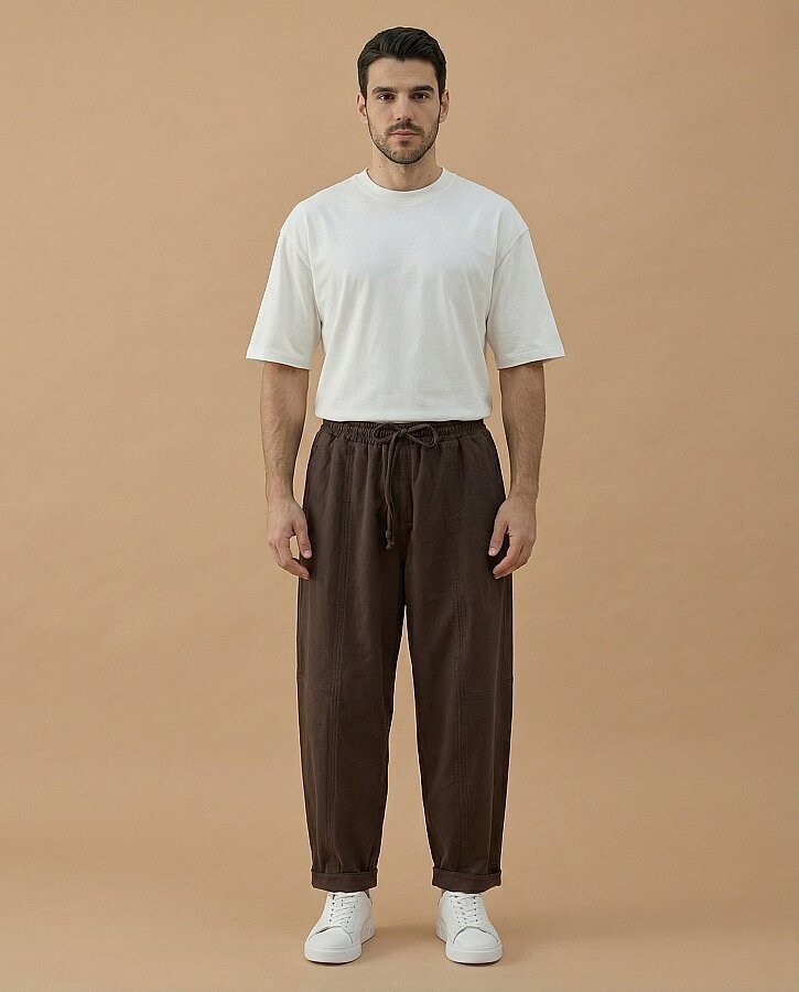 Erkek Cotton İki İplik Bol Balon Fit Kesikli Eşofman Altı Kahve - Aybikestil (1)