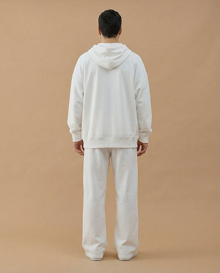 Erkek Cotton İki İplik Fermuarlı Kapüşonlu Sweatshirt Ekru - Aybikestil (1)