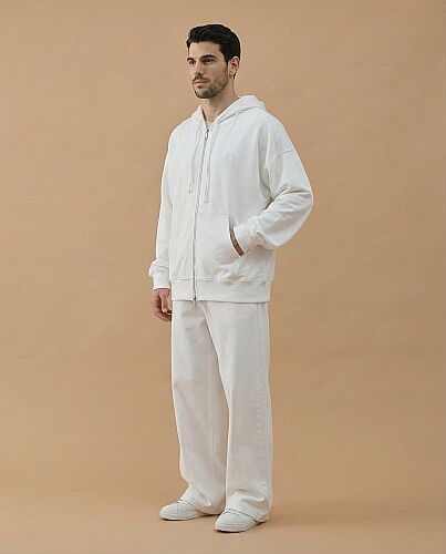 Erkek Cotton İki İplik Fermuarlı Kapüşonlu Sweatshirt Ekru 