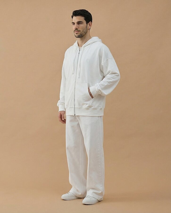 Erkek Cotton İki İplik Fermuarlı Kapüşonlu Sweatshirt Ekru - Aybikestil