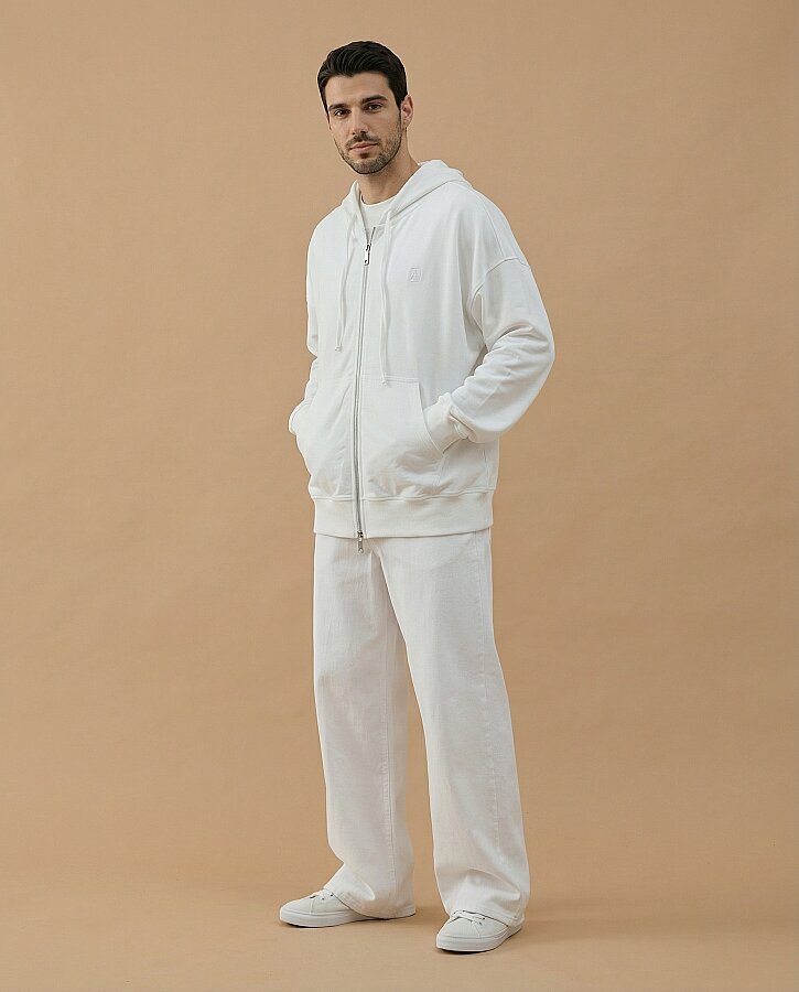Erkek Cotton İki İplik Fermuarlı Kapüşonlu Sweatshirt Ekru - Aybikestil (1)