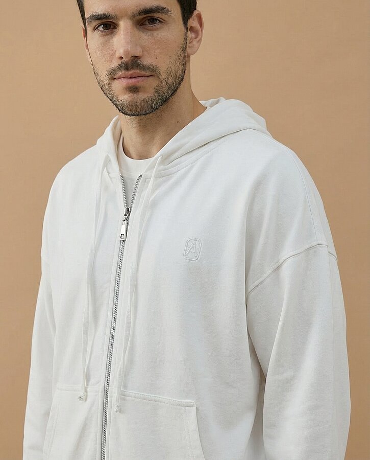 Erkek Cotton İki İplik Fermuarlı Kapüşonlu Sweatshirt Ekru - Aybikestil (1)