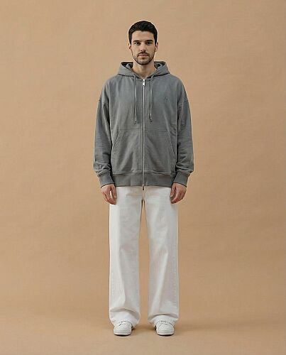 Erkek Cotton İki İplik Fermuarlı Kapüşonlu Sweatshirt Gri 