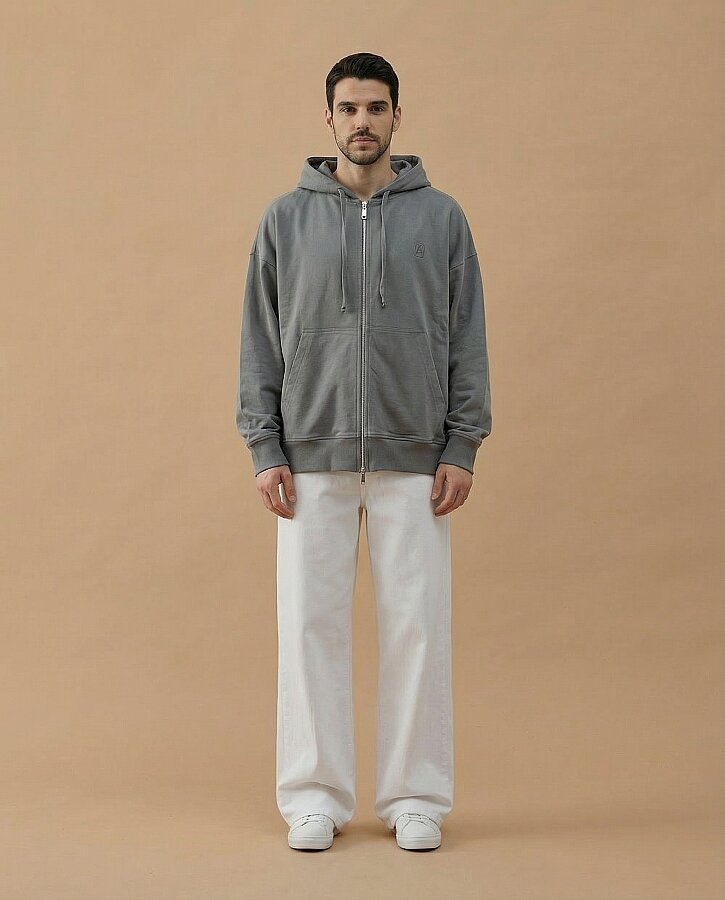 Erkek Cotton İki İplik Fermuarlı Kapüşonlu Sweatshirt Gri - Aybikestil