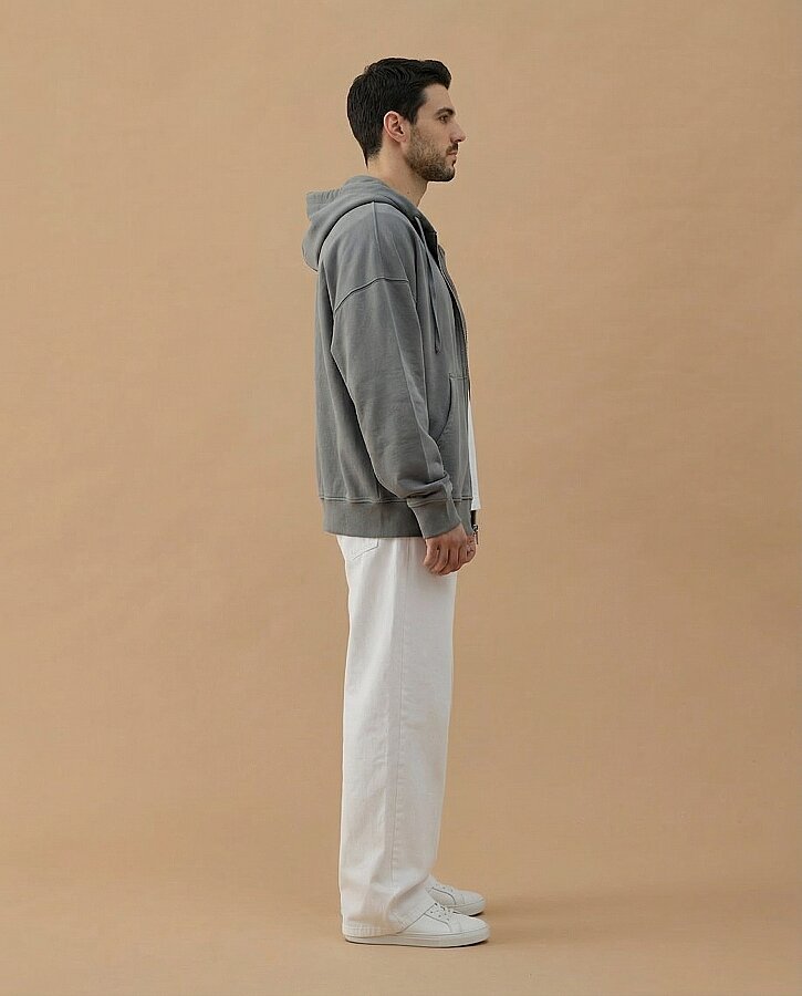 Erkek Cotton İki İplik Fermuarlı Kapüşonlu Sweatshirt Gri - Aybikestil (1)