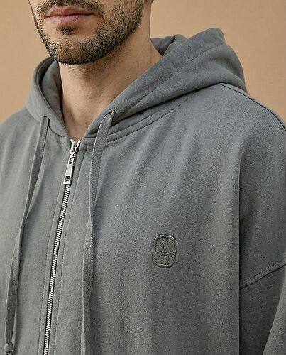 Erkek Cotton İki İplik Fermuarlı Kapüşonlu Sweatshirt Gri - Aybikestil (1)