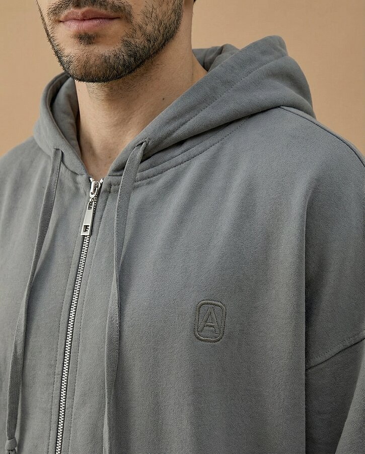 Erkek Cotton İki İplik Fermuarlı Kapüşonlu Sweatshirt Gri - Aybikestil (1)