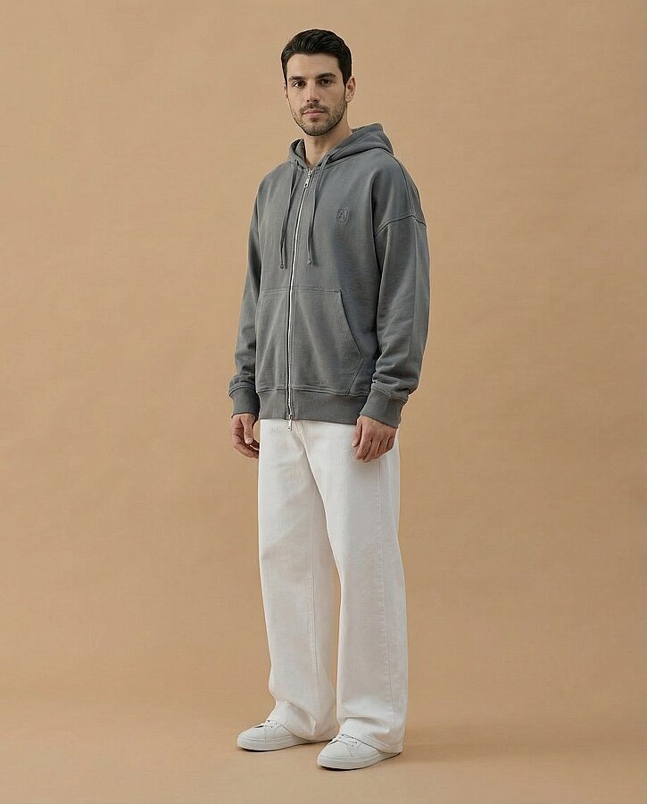 Erkek Cotton İki İplik Fermuarlı Kapüşonlu Sweatshirt Gri - Aybikestil (1)