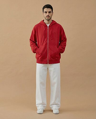 Erkek Cotton İki İplik Fermuarlı Kapüşonlu Sweatshirt Kırmızı 