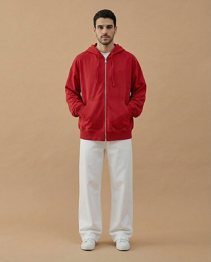 Erkek Cotton İki İplik Fermuarlı Kapüşonlu Sweatshirt Kırmızı - Aybikestil