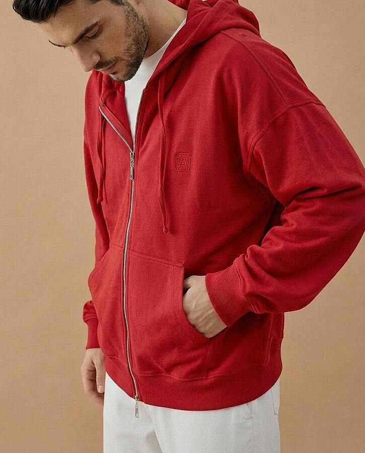 Erkek Cotton İki İplik Fermuarlı Kapüşonlu Sweatshirt Kırmızı - Aybikestil (1)