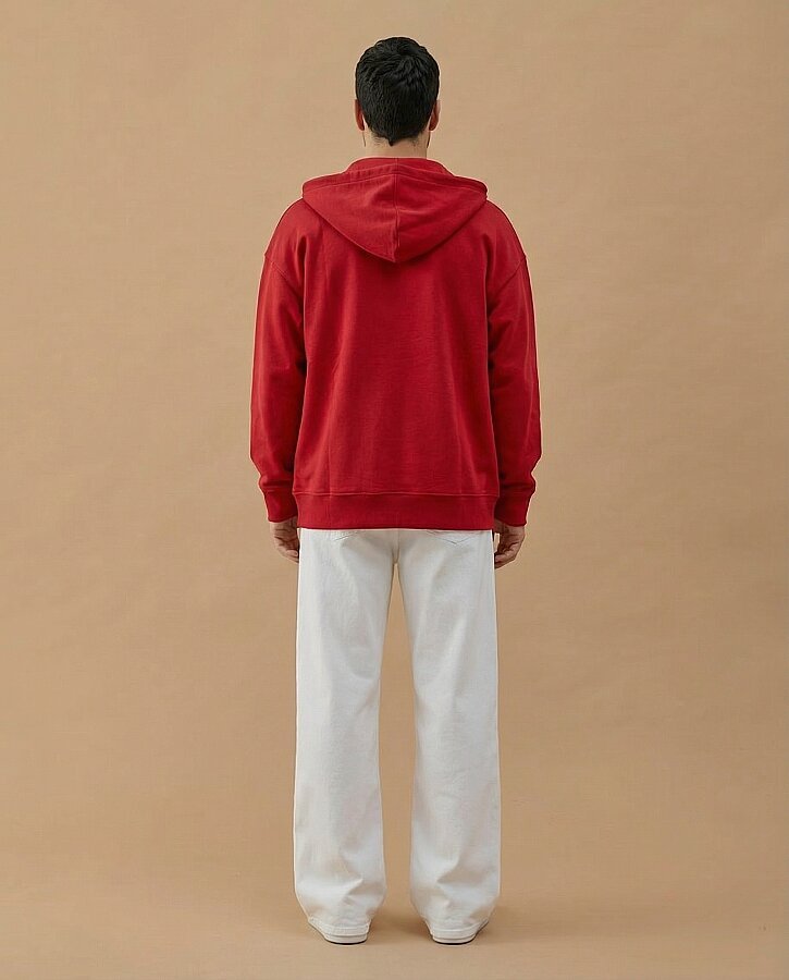 Erkek Cotton İki İplik Fermuarlı Kapüşonlu Sweatshirt Kırmızı - Aybikestil (1)