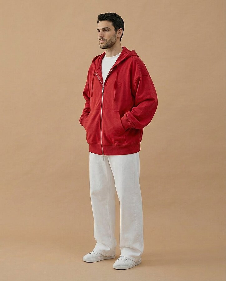 Erkek Cotton İki İplik Fermuarlı Kapüşonlu Sweatshirt Kırmızı - Aybikestil (1)