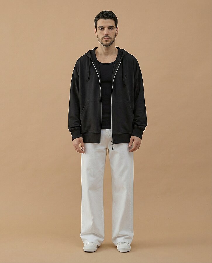 Erkek Cotton İki İplik Fermuarlı Kapüşonlu Sweatshirt Siyah - Aybikestil (1)