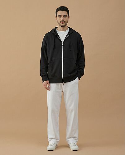 Erkek Cotton İki İplik Fermuarlı Kapüşonlu Sweatshirt Siyah 