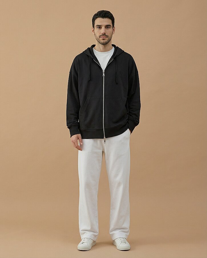 Erkek Cotton İki İplik Fermuarlı Kapüşonlu Sweatshirt Siyah - Aybikestil