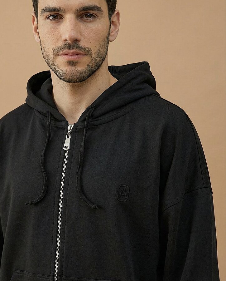 Erkek Cotton İki İplik Fermuarlı Kapüşonlu Sweatshirt Siyah - Aybikestil (1)