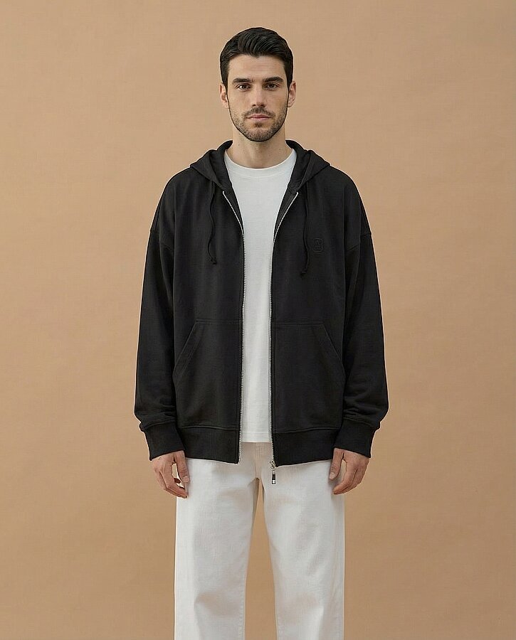 Erkek Cotton İki İplik Fermuarlı Kapüşonlu Sweatshirt Siyah - Aybikestil (1)