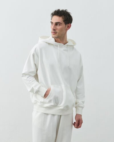 Erkek Edition Diagonal Üç İplik Kapüşonlu Hoodie Sweatshirt Ekru 