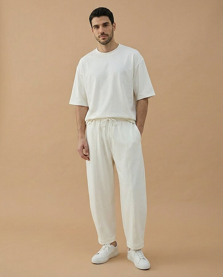 Erkek Premium Doubleface Loose Fit Önü Dikişli Pantolon Ekru - Aybikestil (1)