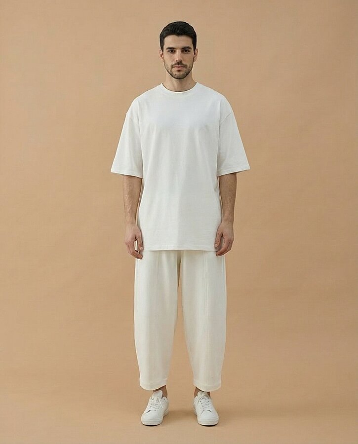 Erkek Premium Doubleface Loose Fit Önü Dikişli Pantolon Ekru - Aybikestil (1)