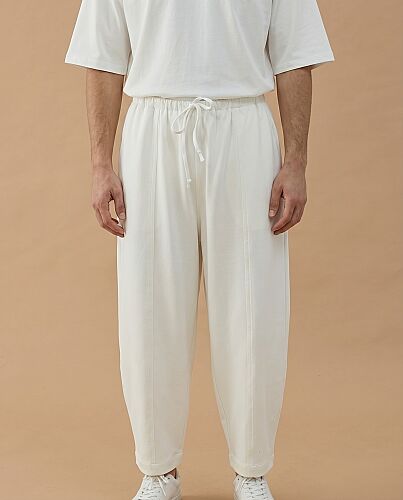 Erkek Premium Doubleface Loose Fit Önü Dikişli Pantolon Ekru 
