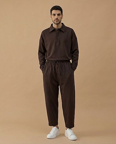 Erkek Premium Doubleface Loose Fit Önü Dikişli Pantolon Kahve 