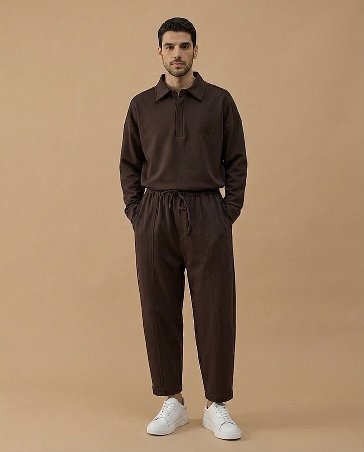 Erkek Premium Doubleface Loose Fit Önü Dikişli Pantolon Kahve - Aybikestil