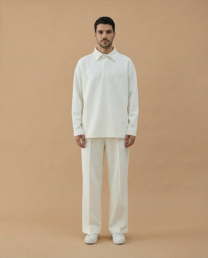 Erkek Premium Doubleface Polo Yaka Sweat Ekru - Aybikestil