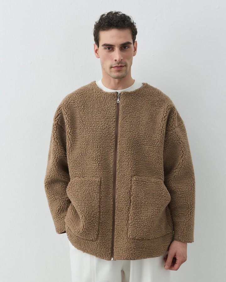 Erkek Teddy Fermuarlı Cepli Ceket Camel