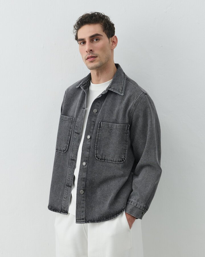 Erkek Unisex Çift Cepli Jean Ceket Gri