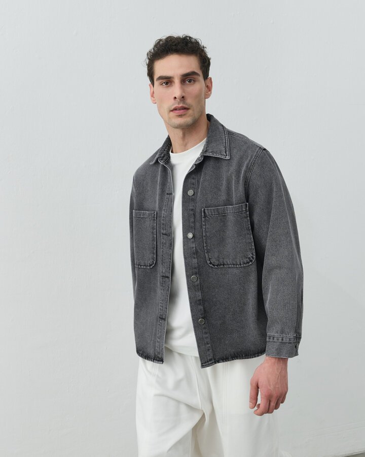 Erkek Unisex Çift Cepli Jean Ceket Gri · 5