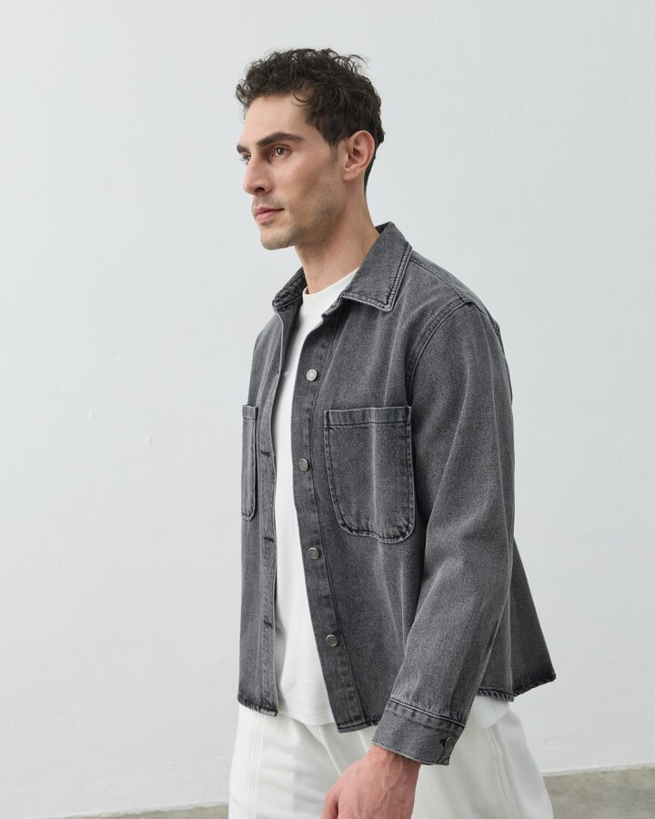 Erkek Unisex Çift Cepli Jean Ceket Gri · 7
