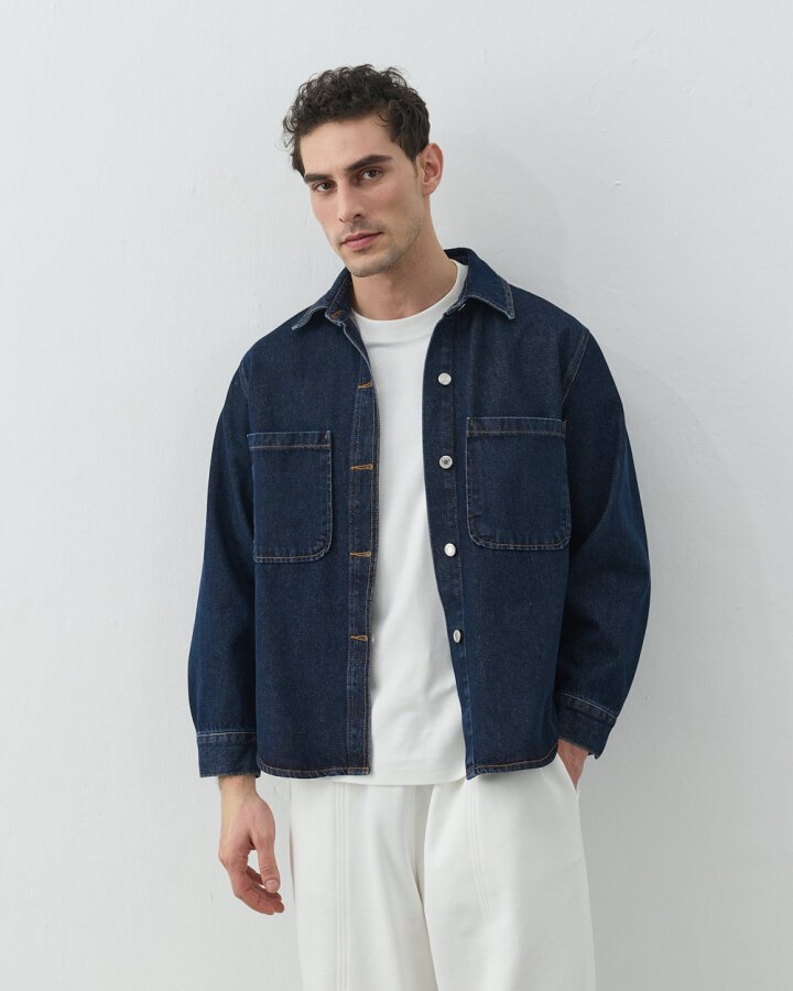 Erkek Unisex Çift Cepli Jean Ceket Lacivert