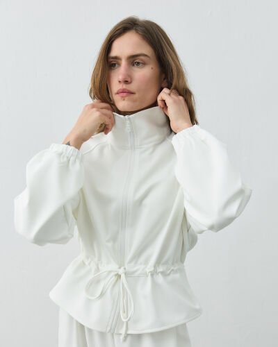 Fitilli Diagonal Fermuarlı Kalkık Yaka Belden Tünelli Ceket Ekru 