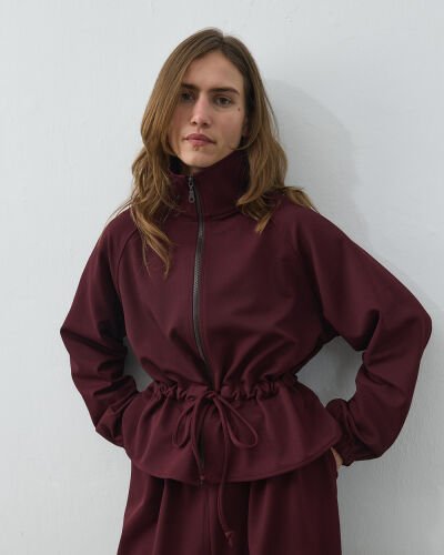 Fitilli Diagonal Fermuarlı Kalkık Yaka Belden Tünelli Ceket Mürdüm 