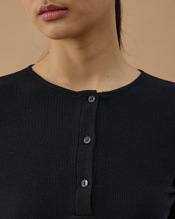 Fitilli Penye Kaşkorse Patlı Düğmeli Uzun Kollu Slim Fit Body Siyah - Aybikestil (1)