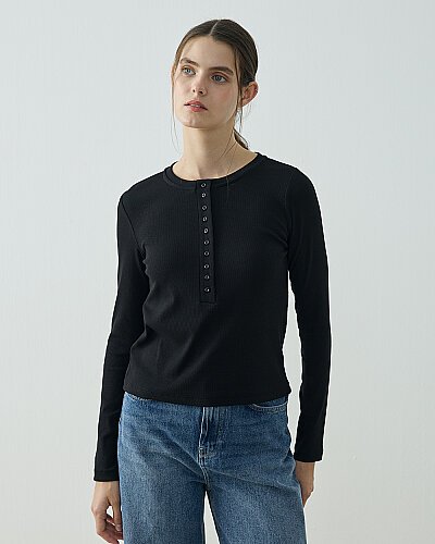 Fitilli Penye Kaşkorse Patlı Düğmeli Uzun Kollu Slim Fit Body Siyah 