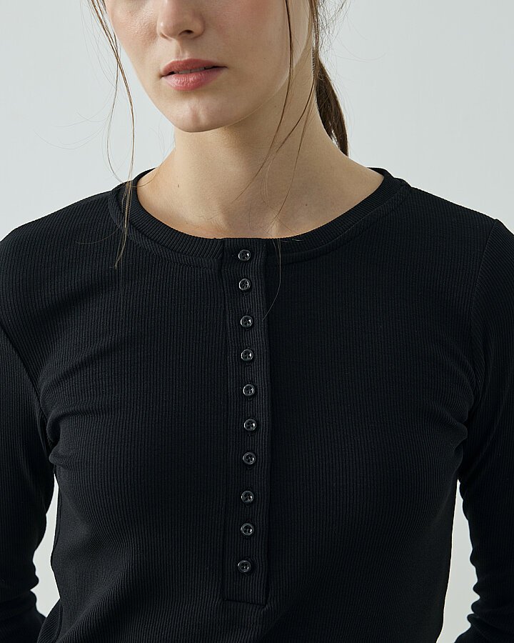 Fitilli Penye Kaşkorse Patlı Düğmeli Uzun Kollu Slim Fit Body Siyah - Aybikestil (1)