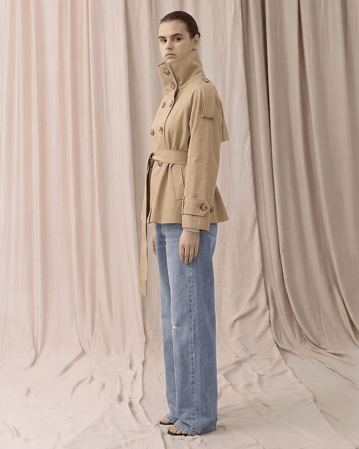 Gabardin Kalkık Yüksek Yaka Kısa Trençkot Camel - Aybikestil (1)