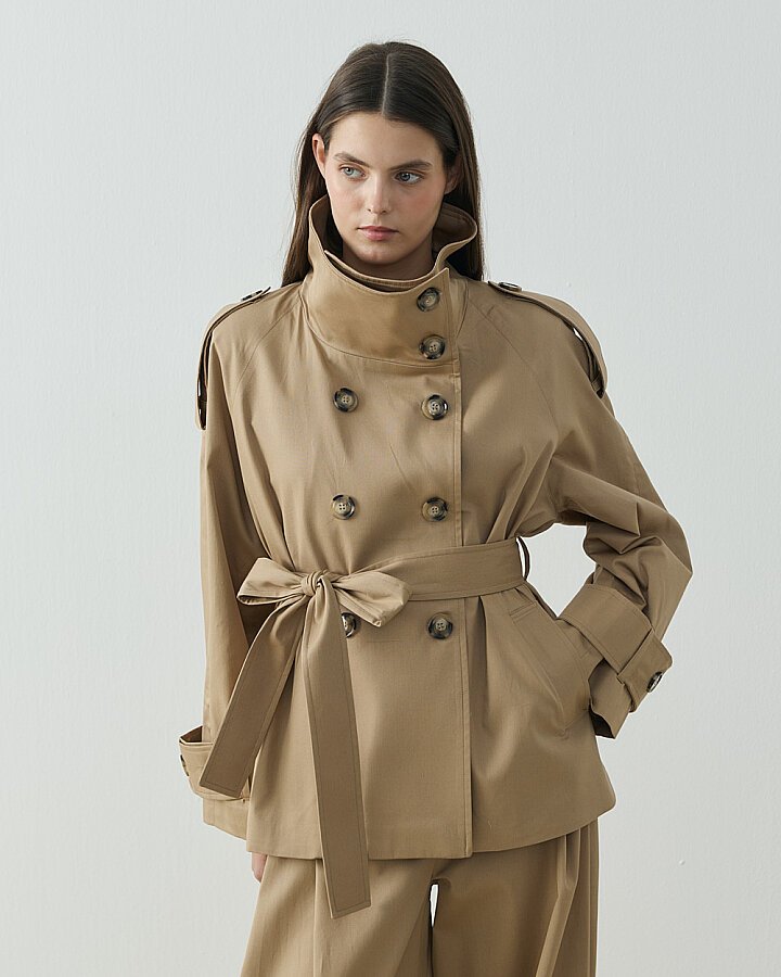 Paper Gabardin Kalkık Yüksek Yaka Kısa Trençkot Camel - Aybikestil