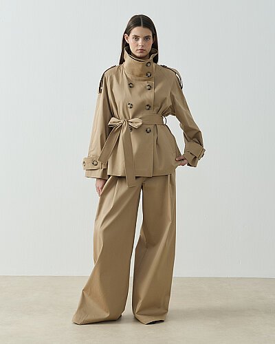 Paper Gabardin Kalkık Yüksek Yaka Kısa Trençkot Camel - Aybikestil (1)