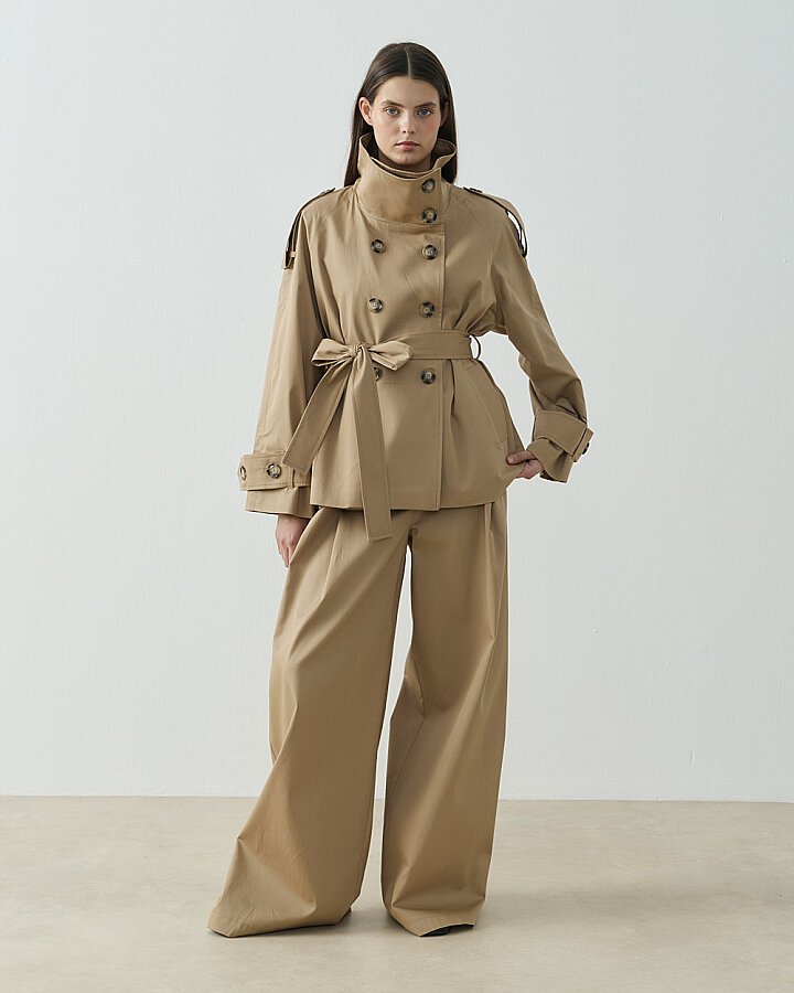 Paper Gabardin Kalkık Yüksek Yaka Kısa Trençkot Camel - Aybikestil (1)