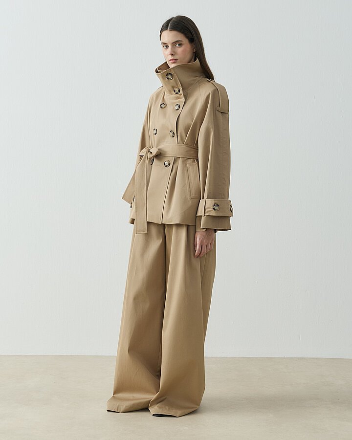 Paper Gabardin Kalkık Yüksek Yaka Kısa Trençkot Camel - Aybikestil (1)
